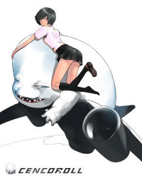 1girl aircraft airplane back cenco cencoroll guitar_(guitars) highres hug looking_back see-through_clothes shoes short_hair single_shoe socks transformation yuki_(cencoroll)