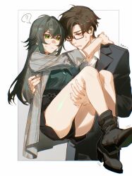 1boy 1girl ? baobao771100 black_shoes black_skirt brown_hair carrying formal_clothes gakuen_idolmaster green_eyes green_hair green_shirt grey_jacket hetero highres idolmaster jacket legs long_hair looking_at_another plaid_clothes plaid_jacket princess_carry producer_(idolmaster) red_eyes shirt shoes short_hair skirt spoken_question_mark suit thighs trembling tsukimura_temari white_shirt