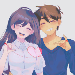 Rule 34 | 1boy, 1girl, :d, ^ ^, antenna hair, black hair, black mouth, blue sweater, blush, brown hair, buttons, closed eyes, collarbone, collared shirt, commentary, commentary request, dark-skinned male, dark skin, double-parted bangs, english commentary, facing viewer, grey background, grin, hair behind ear, hair between eyes, hand on another&#039;s waist, hand up, head tilt, heart, heart of string, hero (faraway) (omori), hero (omori), long hair, long sleeves, mari (faraway) (omori), mari (omori), maromichan, mixed-language commentary, omori, open mouth, pinky out, raised eyebrows, round teeth, shirt, short hair, short sleeves, side-by-side, simple background, smile, straight hair, string around finger, sweater, teeth, tongue, upper body, upper teeth only, v-neck, very short hair, white shirt