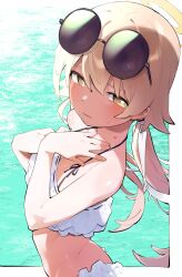 1girl absurdres bikini blue_archive bright_pupils brown_hair commentary_request eyewear_on_head fingernails goe_(g-o-e) halo hifumi_(blue_archive) hifumi_(swimsuit)_(blue_archive) highres long_hair looking_at_viewer low_twintails official_alternate_costume solo sunglasses swimsuit twintails white_bikini white_pupils yellow_eyes yellow_halo