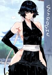 black_hair bleach breasts hand_on_own_hip heavy_breathing highres hip_vent non-web_source rain short_hair sideboob sui-feng thick_thighs thighs wagoogin watermark wide_hips