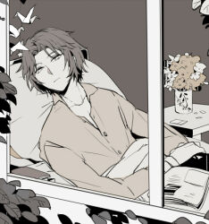 Rule 34 | 1boy, bed, bedroom, book, bush, buttons, closed mouth, collarbone, collared shirt, cowboy shot, expressionless, flower, greyscale, hand on own arm, hospital, hospital bed, long sleeves, looking outside, lowres, male focus, monochrome, nightstand, on bed, open book, origami, paper crane, shirt, short hair, solo, suou (sdurorhr), tennis no ouji-sama, under covers, vase, window, yukimura seiichi