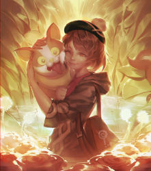 Rule 34 | 1girl, animal, bag, brown eyes, brown hair, cardigan, dog, gen 8 pokemon, gloria (pokemon), green headwear, grey cardigan, handbag, hat, holding, holding animal, nintendo, pokemon, pokemon (creature), pokemon swsh, short hair, smile, standing, tam o&#039; shanter, tollrin-senpai, upper body, welsh corgi, yamper, yellow eyes