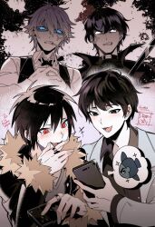 +++ 4boys absurdres anger_vein angry arm_up arms_up artist_name blue-tinted_eyewear bow bowtie brown_eyes cellphone cigarette clenched_teeth collared_shirt commentary covering_own_mouth cracking_knuckles crossover durarara!! empty_eyes eromkk fur-trimmed_jacket fur-trimmed_sleeves fur_trim furious glasses hair_between_eyes hand_over_own_mouth hashtag-only_commentary heiwajima_shizuo highres holding holding_phone image_in_speech_bubble jacket jewelry kim_dokja laughing layered_sleeves long_sleeves looking_at_phone male_focus multiple_boys mystical_high_collar omniscient_reader&#039;s_viewpoint open_clothes open_collar open_jacket open_mouth orihara_izaya phone red_eyes ring shirt speech_bubble spot_color suit_jacket teeth tinted_eyewear tongue v-neck vest weapon wing_collar yoo_joonghyuk