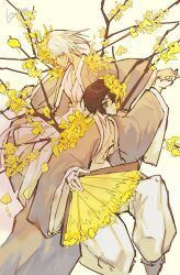 1boy 1girl absurdres black_hair branch coat dongbaek_(project_moon) e.g.o_(project_moon) flower flower_over_eye folding_fan grey_coat hanbok hand_fan highres holding holding_fan kalliope_orc korean_clothes limbus_company long_sleeves looking_at_viewer pants plant_wings project_moon short_hair simple_background spicebush_(e.g.o) technology_liberation_alliance_(identity)_(project_moon) white_background white_hair white_hanbok white_pants wide_sleeves wings yellow_eyes yellow_flower yi_sang_(project_moon)