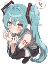 1girl absurdres adversarial_noise arm_tattoo black_boots black_skirt black_sleeves blue_hair blue_nails blush boots character_name closed_mouth detached_sleeves from_above full_body grey_eyes hair_between_eyes hair_ornament hasei_(hasei01) hatsune_miku heart highres long_hair looking_at_viewer miniskirt nail_polish number_tattoo pleated_skirt skirt smile solo speech_bubble spoken_heart squatting tattoo thigh_bow thighhighs twintails twitter_username very_long_hair vocaloid white_background zettai_ryouiki