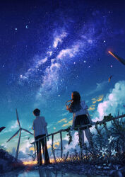 1boy 1girl black_hair black_pants black_skirt crescent_moon flower highres long_hair milky_way moon original outdoors pants plant pleated_skirt puddle scenery school_uniform shirt short_hair shuu_illust skirt sky star_(sky) starry_sky white_flower white_shirt wind_turbine windmill