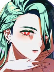 Rule 34 | 1girl, 9eras9, ahoge, androgynous, asymmetrical bangs, bright pupils, closed mouth, ear piercing, earrings, eyeshadow, green eyeshadow, green hair, half-closed eyes, hands up, head rest, highres, jewelry, long hair, makeup, nintendo, piercing, pokemon, pokemon sv, red eyes, reverse trap, rika (pokemon), solo, triangle earrings, upper body, white pupils