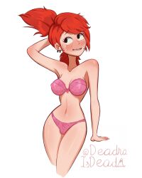 Rule 34 | 1girl, absurdres, arm behind head, artist name, black eyes, blush, bow, bow bra, bow panties, bra, deadraisdead, earrings, foster&#039;s home for imaginary friends, frankie foster, high ponytail, highres, jewelry, low ponytail, navel, panties, pink bra, pink panties, ponytail, red hair, sweat, underwear, wide hips