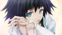 1boy 1girl aqua_eyes black_bow black_hair black_trim blue_dress blue_eyes blurry blurry_background bob_cut bow chest_bow coat collar collarbone crying crying_with_eyes_open dress fingernails frilled_collar frills game_cg hand_grab hand_on_another&#039;s_cheek hand_on_another&#039;s_face highres huke lab_coat leaning_on_person long_sleeves looking_at_viewer medium_hair non-web_source official_art okabe_rintarou open_mouth pink_frills puffy_short_sleeves puffy_sleeves ringed_eyes shiina_mayuri shiny_lips short_sleeves square_pupils steins;gate steins;gate:_linear_bounded_phenogram streaming_tears tareme tears thick_eyebrows tongue white_coat yellow_background
