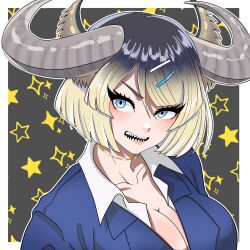 Rule 34 | 1girl, animal ears, black background, black hair, blonde hair, blue eyes, breasts, cleavage, cow ears, cow girl, cow horns, extra ears, gyumaou (kemono friends), hair ornament, hairpin, highres, horns, jacket, jewelry, kemono friends, large breasts, looking at viewer, multicolored hair, necklace, shirt, shivuakichi, short hair, simple background, solo, star (symbol), two-tone hair, upper body