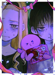 &gt;3&lt; 2girls absurdres alien black_hair black_shirt blonde_hair blood bloody_weapon brown_eyes bruise bruise_on_face bruised_eye camera choppy_bangs collarbone creature empty_eyes highres injury kirarazaka_marina kuze_shizuka long_hair long_sidelocks multiple_girls nosebleed one_eye_covered pink_ribbon polaroid_photo ribbon sad shirt sidelocks spoilers star_(symbol) takopii takopii_no_genzai tearing_up traumatized upper_body weapon white_shirt yellow_eyes ytskai00