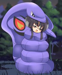 1girl :d arbok black_hair blurry blurry_background blush bright_pupils brown_eyes commentary_request constriction forest forked_tongue gen_1_pokemon grass highres kantai_collection lets0020 nature nintendo open_mouth pokemon pokemon_(creature) short_hair_with_long_locks sidelocks smile snake tokitsukaze_(kancolle) tongue two_side_up upper_body white_pupils