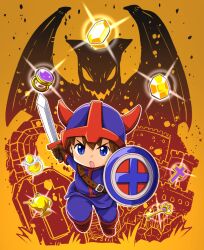 1boy arm_up blue_eyes blue_helmet blue_pants blue_tunic brown_gloves castle chibi chibi_only coffin cross fake_horns gem gloves helmet highres holding holding_sword holding_weapon horned_helmet horns hydlide jewelry jim_(hydlide) key knight male_focus oil_lamp open_mouth pants ring sakurajyousui_nami solo sword tunic weapon yellow_gemstone