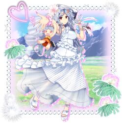 Rule 34 | 1girl, alternate costume, armpits, blue sky, border, bracelet, breasts, bridal veil, character doll, charm (object), cleaver, closed mouth, cloud, day, doll, dress, fingernails, flower, frilled dress, frills, full body, game cg, grey hair, hair flower, hair ornament, hakurei reimu, heart, hibiscus, highres, holding, holding cleaver, inset border, jewelry, kirisame marisa, large breasts, long fingernails, long hair, looking at viewer, mountain, mountainous horizon, official art, ornate border, outdoors, outside border, pink flower, pink nails, red eyes, rose, rotte (1109), sakata nemuno, sakata nemuno (white classic of the mountain), sandals, scrunchie, see-through clothes, see-through veil, silhouette, single-shoulder dress, single strap, sky, solo, third-party source, touch-me-not (flower), touhou, touhou lostword, transparent background, veil, very long fingernails, very long hair, wedding dress, white dress, white flower, white rose, white sandals, wrist scrunchie, yukkuri shiteitte ne