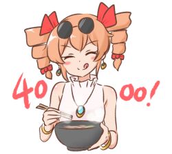 1girl :q ^_^ bare_shoulders blush_stickers bow bowl brown_hair chopsticks closed_eyes closed_mouth commentary_request cropped_torso dot_nose drill_hair earrings eyewear_on_head facing_viewer food hair_bow holding holding_bowl holding_chopsticks jewelry mizusoba pendant red_bow round_eyewear shirt short_hair simple_background sleeveless sleeveless_shirt smile solo split_mouth steam tongue tongue_out touhou twin_drills white_background white_shirt yorigami_jo&#039;on