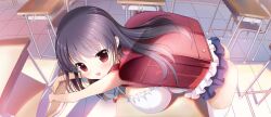 1girl against_table ass backpack bag black_hair blush breast_press breasts chair child classroom cowboy_shot desk evening frilled_shirt frilled_skirt frills highres indoors jewelry kobayashi_ritz large_breasts long_hair lying microskirt no_panties non-web_source on_desk on_stomach open_mouth oppai_loli parted_lips pendant pleated_skirt randoseru red_eyes saki_(manga) school school_chair school_desk shimizudani_ryuuka shirt sitting skirt smile thighhighs toki_(manga) v-neck white_shirt white_thighhighs