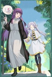 2girls absurdres belt black_leggings blunt_bangs breasts cake cake_slice cloak closed_eyes dress earrings elementary_(lolipope) elf fern_(sousou_no_frieren) food fork frieren gold_trim hand_grab highres jewelry lamppost leggings long_hair long_sleeves medium_breasts multiple_girls open_mouth outdoors pointy_ears purple_eyes sleepy sousou_no_frieren speech_bubble tree twintails white_dress white_hair yuri
