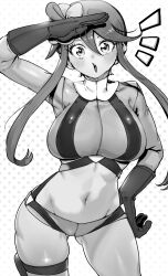 1girl absurdres blush breasts contrapposto cowboy_shot cropped_jacket gloves gluteal_fold greyscale groin hair_between_eyes hair_ornament hand_on_own_hip highres large_breasts long_sleeves looking_at_viewer micro_shorts monochrome navel nintendo niwarhythm notice_lines one_side_up open_mouth pokemon pokemon_bw polka_dot polka_dot_background pouch salute short_hair short_hair_with_long_locks shorts sidelocks skyla_(pokemon) solo sparkling_eyes standing stomach teeth thigh_pouch thigh_strap thighs upper_teeth_only wide_hips