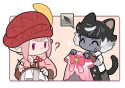 1boy 1girl ^_^ animal_ears apron black_apron black_hair bow bowtie cat_ears cat_tail closed_eyes dress final_fantasy final_fantasy_xiv flaw_eight hands_up hat holding holding_unworn_clothes holding_unworn_dress lalafell miqo&#039;te newsboy_cap pink_bow pink_bowtie pink_dress red_hat short_hair tail tataru_taru unworn_dress warrior_of_light_(ff14)
