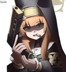 1girl absurdres animal_ears armlet blue_archive blue_eyes bullet bullet_biting cat_ears cat_girl coif commentary desert_eagle ears_under_headwear english_commentary flower gun hair_between_eyes hair_flower hair_ornament halo handgun highres holding holding_gun holding_weapon jewelry kai_xin long_hair looking_at_viewer mari_(blue_archive) mouth_hold nun orange_hair reloading school_uniform serafuku shaded_face sidelocks simple_background solo trinity_general_school_logo upper_body weapon white_background