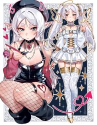 1girl :/ arm_warmers aura_(sousou_no_frieren) belt beret black_dress black_hat black_nails blush border bow breasts cellphone cellphone_charm charm_(object) chest_belt choker cleavage_cutout closed_mouth clothing_cutout collar commentary corset cropped_legs cross cross_earrings cross_hair_ornament demon_horns demon_tail drawn_horns drawn_tail drawn_wings dress ear_chain ear_piercing earclip earrings elf english_commentary expressionless film_grain fishnet_thighhighs fishnets frieren frilled_choker frills garter_straps gold_nails gold_shoes gold_trim green_eyes grey_hair hair_bow hair_ornament halo hat heart highres holding holding_phone horns jewelry leg_warmers linked_piercing long_hair long_pointy_ears looking_at_viewer looking_to_the_side multiple_views necklace off-shoulder_dress off_shoulder parted_bangs phone piercing pointy_ears sachichuu shiny_clothes shoes short_dress short_eyebrows sideways_glance skindentation small_breasts smartphone sousou_no_frieren spiked_collar spikes standing star_(symbol) tail thick_eyebrows thighhighs traditional_halo twintails twitter_username v very_long_fingernails very_long_hair white_belt white_border white_choker white_corset white_dress white_thighhighs zipper