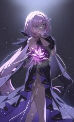 1girl absurdres alternate_costume artist_logo bare_shoulders black_dress black_gloves blue_eyes breasts cleavage commentary crystal_flower dress elysia_(honkai_impact) feet_out_of_frame gloves hand_up highres honkai_(series) honkai_impact_3rd large_breasts logo long_hair looking_at_viewer low_ponytail luyue parted_lips pink_hair pink_pupils pointy_ears ponytail sidelocks smile solo very_long_hair