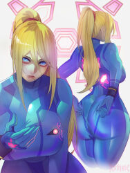 1girl absurdres adjusting_clothes ass blonde_hair blue_bodysuit blue_eyes bodysuit breasts hair_between_eyes high_ponytail highres huge_ass large_breasts lips long_hair looking_at_viewer metroid mole mole_under_mouth nintendo ponytail samus_aran sidelocks skin_tight solo thick_thighs thighs xuuikie_ashe zero_suit