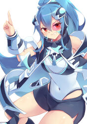 1girl absurdres argostars_-_glorious_adra blue_hair breasts cape covered_navel duel_monster grin highleg highleg_leotard highres kanzakietc leotard pointing pointing_up ponytail red_eyes scouter short_shorts shorts small_breasts smile solo thighs white_background yu-gi-oh!