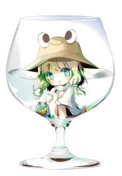 1girl :/ animal aqua_eyes blonde_hair bow cup eyelashes female_focus flower food frog glass hair_bow hair_ornament hat hugging_own_legs in_container in_cup in_food long_sleeves looking_at_viewer mini_person minigirl moriya_suwako nakaikane shirt short_hair simple_background skirt skirt_set smile solo touhou turtleneck vest white_background wide_sleeves