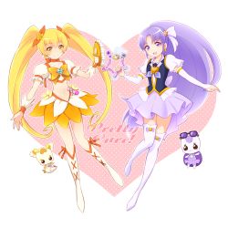 10s 2girls arm_warmers blonde_hair boots bow brooch creature crop_top cure_fortune cure_sunshine earrings flower full_body gurasan_(happinesscharge_precure!) hair_flower hair_ornament hair_ribbon happinesscharge_precure! heart heart_brooch heart_hair_ornament heartcatch_precure! hikawa_iona instrument jewelry knee_boots long_hair magical_girl multiple_girls myoudouin_itsuki nora_kichi orange_bow orange_skirt potpourri_(heartcatch_precure!) precure puffy_sleeves purple_eyes purple_hair purple_skirt ribbon shiny_tambourine_(heartcatch_precure!) skirt smile tambourine thigh_boots thighhighs twintails very_long_hair weapon_connection white_legwear wide_ponytail wrist_cuffs yellow_bow yellow_eyes