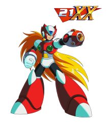 1boy aiming android arm_cannon blonde_hair blue_eyes chest_jewel clenched_hand clenched_teeth commission cowboy_shot forehead_jewel helmet highres jewelry logo long_hair male_focus mega_man_(series) mega_man_x1 mega_man_x_(series) official_style ponytail red_helmet robot robot_ears simple_background solo sprinqgueen standing teeth very_long_hair weapon white_background zero_(mega_man)