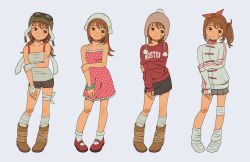 4girls absurdres ankle_wrap arm_wrap bandage_over_one_eye bandaged_arm bandaged_hand bandaged_leg bandages bandaid bandaid_on_arm bandaid_on_face bandaid_on_knee bandaid_on_leg brown_hair highres hood multiple_girls original ponytail shoes short_hair smile wonemie