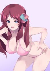 1girl :d bent_over bikini blue_eyes breasts cleavage collarbone coveredcore curvy gradient_background hair_ribbon hand_on_own_hip hand_up highres large_breasts long_hair looking_at_viewer minamoto_sakura navel open_mouth pink_bikini polka_dot polka_dot_ribbon purple_background red_hair ribbon side_ahoge simple_background smile solo stomach swimsuit very_long_hair zombie_land_saga
