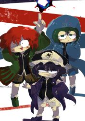 &gt;_o 3others :o androgynous aodo_mikan arm_behind_head arrow_print black_hat black_shirt blue_footwear blue_jacket blush_stickers boots brown_shorts collared_shirt detached_sleeves frilled_headwear frilled_shorts frills full_body green_eyes green_footwear green_hair green_jacket grey_shorts half-closed_eyes hand_on_own_hip hat high_collar highres hood hood_down hood_up hooded_jacket jacket knees len&#039;en light_blush long_sleeves magic mob_cap multiple_others one_eye_closed open_mouth other_focus outline parted_lips purple_eyes purple_footwear purple_hair purple_jacket purple_sleeves red_hair shirt shitodo_aoji shitodo_hooaka shitodo_kuroji short_hair shorts siblings single_detached_sleeve sleeveless sleeveless_shirt smile smirk socks standing triangular_headpiece white_background white_outline white_shorts white_socks wide_sleeves