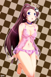 Rule 34 | 1girl, :o, artist name, babydoll, barefoot, blue eyes, blush, breasts, brown background, character name, checkered background, choker, cleavage, dha, elysia de lute ima, female focus, hair ornament, heart, highres, kami nomi zo shiru sekai, lingerie, long hair, looking at viewer, navel, open mouth, outline, panties, ponytail, see-through clothes, shiny skin, skull hair ornament, solo, underwear, underwear only
