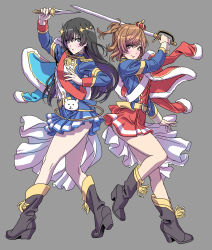 absurdres aijou_karen animal_print back-to-back bear_print black_eyes black_footwear black_hair blue_dress blue_jacket boots brown_eyes brown_hair closed_mouth crown dress epaulettes fighting_stance frown high_heel_boots high_heels highres holding holding_knife holding_sword holding_weapon jacket jacket_on_shoulders kagura_hikari knife leg_up legs lips mini_crown one_side_up red_dress red_jacket saber_(weapon) sash short_dress shoujo_kageki_revue_starlight single_horizontal_stripe smile standing standing_on_one_leg sword v-shaped_eyebrows weapon yamashita_shun&#039;ya