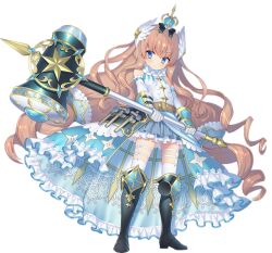 1girl artist_request bad_source bare_shoulders belt blue_eyes blue_skirt boots breasts crown dress dwarf four-pointed_star full_body game_cg hair_ornament hammer holding holding_hammer long_hair official_art sennen_sensou_aigis six_pointed_star skirt solo teeny_(sennen_sensou_aigis) third-party_source transparent_background wing_hair_ornament