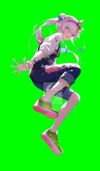 Rule 34 | 1girl, :d, absurdres, airani iofifteen, airani iofifteen (1st costume), bilingual commentary, blue hair, blue overalls, bow hairband, commentary, denim overalls, english commentary, full body, gradient hair, green background, green hairband, green shoes, hair bun, hairband, highres, hololive, hololive indonesia, ishihara (kuniyoshi), long hair, long sidelocks, looking at viewer, mixed-language commentary, multicolored hair, open hand, open mouth, overalls, paint on clothes, paint splatter, paint splatter on face, paint tube, palette hair ornament, pants, pants rolled up, pink hair, pink hairband, print sweater, purple eyes, scrunchie, shoe soles, shoes, side ponytail, side up bun, sidelocks, simple background, smile, sneakers, solo, sweater, three-quarter sleeves, two-tone hairband, virtual youtuber, watermark, white sweater, wrist scrunchie