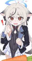 ! 1girl @_@ absurdres animal_ear_fluff animal_ears black_dress black_hair blue_archive blue_halo breasts brown_eyes carrot china_dress chinese_clothes diamond_cutout dress fang grey_hair halo highres jacket kokona_(blue_archive) long_hair long_sleeves looking_at_viewer multicolored_hair open_mouth pelvic_curtain skin_fang small_breasts solo soujou_motona streaked_hair striped_clothes striped_dress striped_jacket sweatdrop tiger_ears tiger_girl vertical-striped_clothes vertical-striped_dress vertical-striped_jacket very_long_hair white_background