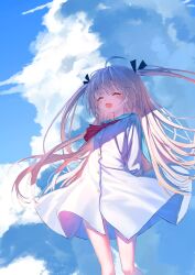 1girl :d ^_^ ahoge arms_behind_back ascot atri atri-my_dear_moments- bird black_ribbon blue_sailor_collar blue_sky blush buttons chinese_commentary closed_eyes cloud cloudy_sky commentary_request cumulonimbus_cloud day dress feet_out_of_frame floating_clothes floating_hair hair_ribbon happy highres long_hair open_mouth outdoors red_ascot red_eyes ribbon sailor_collar sailor_dress sky smile solo standing two_side_up very_long_hair white_dress wind ze_ping45283