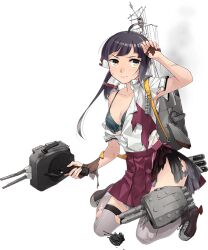 Rule 34 | 1girl, adapted turret, ahoge, anti-aircraft, anti-aircraft gun, aqua bow, aqua bowtie, asymmetrical bangs, black hair, bow, bowtie, bra, breasts, collared shirt, cut bangs, dress shirt, fujikawa, fujinami (kancolle), fujinami kai ni (kancolle), full body, grey bra, grey thighhighs, hair ribbon, kantai collection, kneeling, medium hair, official art, pleated skirt, purple skirt, ribbon, school uniform, seamed legwear, ship turret, shirt, side-seamed legwear, side ponytail, skirt, small breasts, smile, solo, summer uniform, thighhighs, torn clothes, torn shirt, torn skirt, torpedo, transparent background, type 96 aa gun, underwear, white ribbon, white shirt, yellow eyes