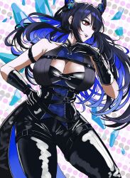 1girl absurdres adapted_costume asymmetrical_horns bare_shoulders belt black_hair blue_hair boots breasts clothing_cutout colored_inner_hair crystal_horns demon_horns flower gloves hair_ornament highres hololive hololive_english horn_flower horns kurenai_kenta large_breasts leather leather_belt leather_boots leather_gloves leather_pants long_hair looking_at_viewer mole mole_under_eye multicolored_hair nerissa_ravencroft nerissa_ravencroft_(1st_costume) pants red_eyes shirt shoulder_cutout smile solo tight_clothes tight_pants two-tone_hair uneven_horns very_long_hair virtual_youtuber
