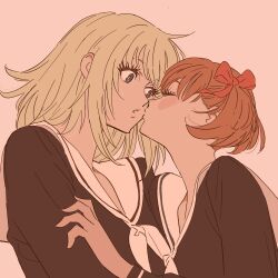 2girls 55bata6rou black_eyes black_shirt blonde_hair blush brown_hair character_request check_character closed_eyes eyelashes from_side fukuzawa_yumi hair_ribbon highres kiss kissing_cheek lillian_girls&#039;_academy_school_uniform long_hair long_sleeves looking_at_another maria-sama_ga_miteru multiple_girls neckerchief parted_lips pink_background ribbon sailor_collar satou_sei school_uniform shirt short_hair simple_background twintails upper_body white_neckerchief white_sailor_collar yuri