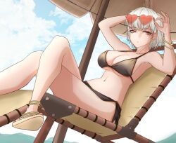 Rule 34 | 1girl, adjusting eyewear, ahoge, alternate costume, arms up, bare shoulders, beach umbrella, bikini, black bikini, bracelet, breasts, chair, closed mouth, cloud, cloudy sky, collarbone, commentary, cowboy shot, crossed legs, eyewear on head, goddess of victory: nikke, hand on eyewear, heart, heart-shaped eyewear, jewelry, kyaranenko, large breasts, looking at viewer, lounge chair, navel, outdoors, sand, short hair, sitting, skirt, sky, solo, sugar (nikke), sunglasses, swimsuit, umbrella, white hair, yellow eyes