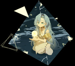 1girl 37_(reverse:1999) ancient_greek_clothes ball bare_shoulders black_background blue_eyes blue_hair daku_k full_body gold_choker greco-roman_clothes hair_between_eyes hands_up highres long_hair reverse:1999 smile solo tetrahedron toga triangle very_long_hair water