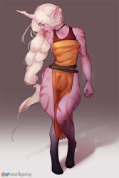 1girl belt black_belt black_choker black_nails braid breasts cactigang cameltoe choker closed_eyes collarbone colored_skin covered_erect_nipples dress facing_down gradient_background highres hooves league_of_legends long_hair medium_breasts nail_polish no_panties orange_dress pink_skin pointy_ears profile solo soraka_(league_of_legends)