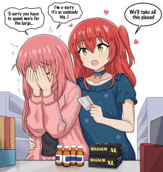 1futa 1girl absurdres blue_dress blush bocchi_the_rock! buying_condoms card condom_box covering_face credit_card dress energy_drink english_text futa_with_female futanari gotoh_hitori green_eyes hair_between_eyes heart highres holding holding_card implied_futanari jacket kita_ikuyo kurofuro long_hair long_sleeves one_side_up pink_hair pink_jacket red_hair short_sleeves speech_bubble track_jacket trembling