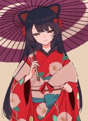 1girl animal_ears brown_hair dog_ears floral_print fur-trimmed_kimono fur_trim hair_ribbon haruwo heterochromia highres holding holding_umbrella inui_toko inui_toko_(4th_costume) japanese_clothes kimono long_hair looking_at_viewer nail_polish nijisanji obi oil-paper_umbrella parted_lips red_eyes red_kimono red_nails ribbon sash sidelocks simple_background solo straight-on swept_bangs umbrella yellow_eyes