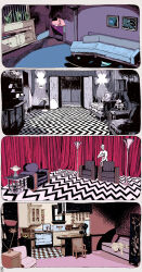 Rule 34 | absurdres, armchair, blue velvet, chair, coffee pot, commentary, couch, creator connection, crt, desk lamp, drawing (object), eraserhead, flower pot, highres, indoors, kitchen, lamp, lost highway, no humans, pontoffel nopockets, rabbit ears antenna, red curtains, scenery, shirt, sink, statue, twin peaks, white shirt, window, wooden chair